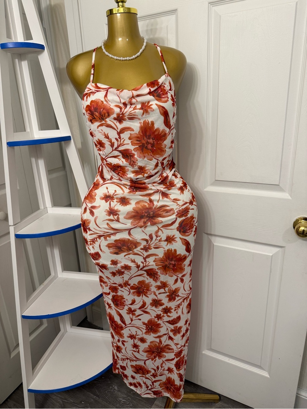 Persaya White Maxi Dress with Red Floral Print
